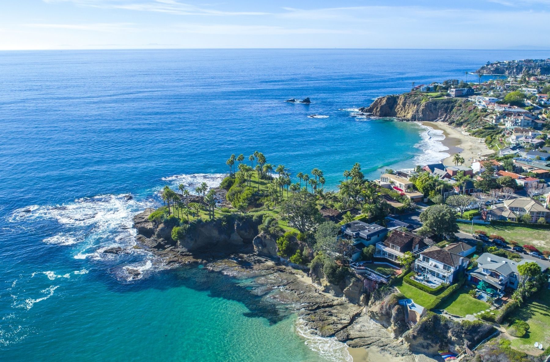 Coastal view of a residential area in California with palm trees, rocky shoreline, and blue ocean, highlighting property management opportunities for investors.