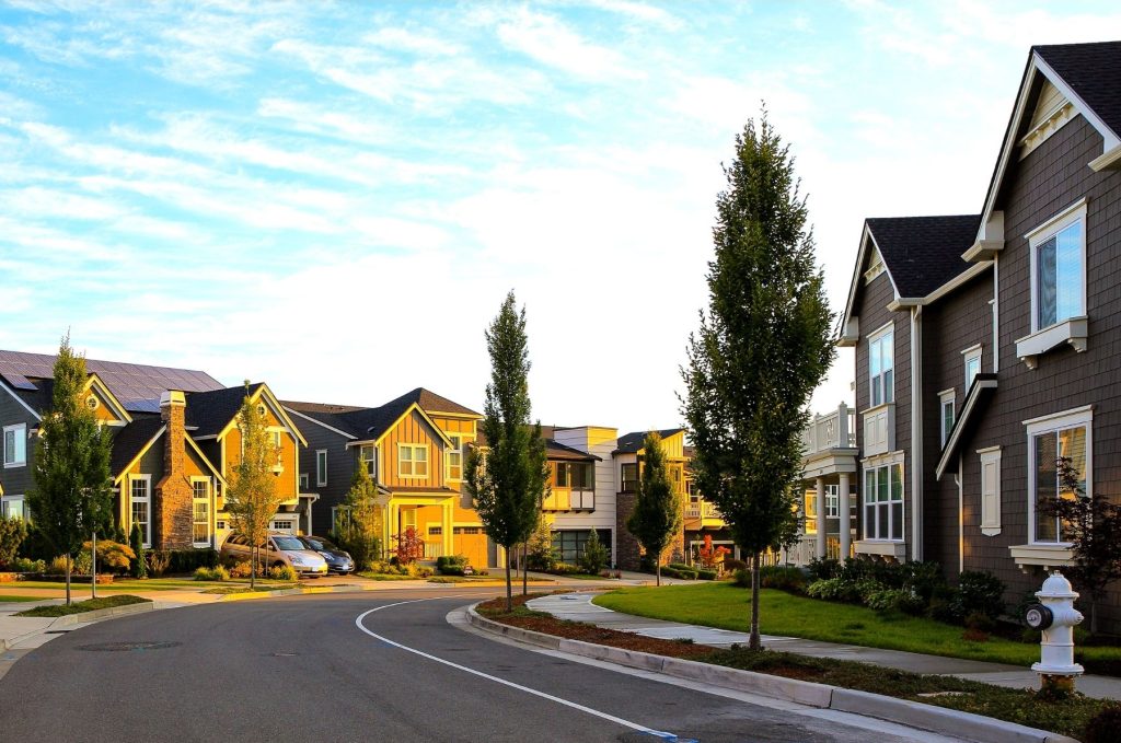 Residential neighborhood showcasing modern homes with landscaped lawns and trees, reflecting the community living promoted by homeowners associations (HOAs).