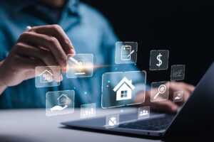 real estate investment concept man use laptop with house icon for analyzing mortgage loan home and insurance real property mortgage interest rate investment planning business real estate