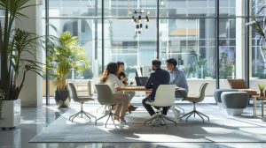 a modern office interior bustling with activity, showcasing a diverse team of property management experts engaged in dynamic discussions and strategic planning around a sleek conference table, exuding professionalism and innovation in a vibrant urban setting.