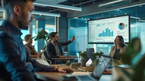 a modern office setting showcases a team of professionals engaged in a dynamic strategy session, with a sleek digital presentation on maximizing roi for residential property management displayed prominently on a large screen.
