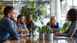 a modern, sleek office environment features a diverse group of professionals engaged in a focused discussion around a polished conference table, symbolizing the efficiency and peace of mind that vista property management services bring to rental ownership.