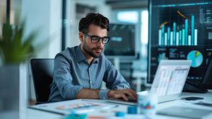 a polished office scene featuring a confident property manager analyzing local market data on a sleek laptop, surrounded by detailed charts and graphs reflecting regional trends and regulations in real estate.