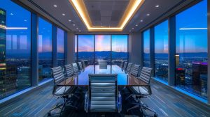 a sleek, modern office space in southern california features a large conference table surrounded by sharp, contemporary chairs, as a team of professionals engages in a dynamic discussion about multi-family property management strategies, illuminated by bright overhead lighting and large windows framing a vibrant cityscape.