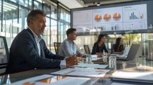a sleek, modern office filled with financial documents and digital dashboards, showcasing a focused team engaged in strategic discussions about multi-family property management oversight.