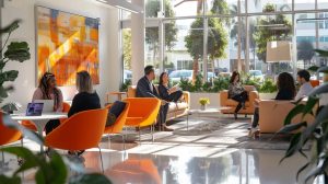 a sleek, modern office space filled with dynamic professionals collaborating over rental property listings, accentuated by vibrant accents reflecting the energetic atmosphere of orange county's real estate market.