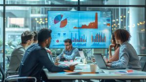 a sleek, modern office interior showcases a diverse team engaged in a strategic meeting, with vibrant charts and graphs displayed on a digital screen, reflecting their collaborative focus on transforming property management into effective marketing strategies.