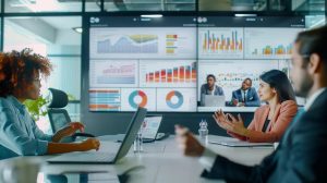 a sleek, modern office featuring a diverse team of professionals engaged in a dynamic discussion over digital property management software, with vibrant charts and graphs displayed on large screens highlighting key performance metrics.