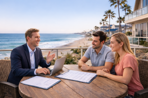 Business meeting on a seaside balcony